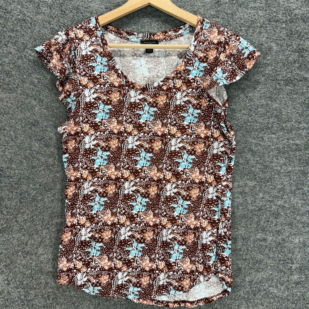 Ann Taylor T-Shirt Women M Medium Brown Floral Short Sleeve Round Neck Cotton